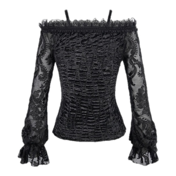 DEVIL FASHION Gothic Vampire Velvet Lace Long Sleeves Button Up Blouse - Picture 6 of 8